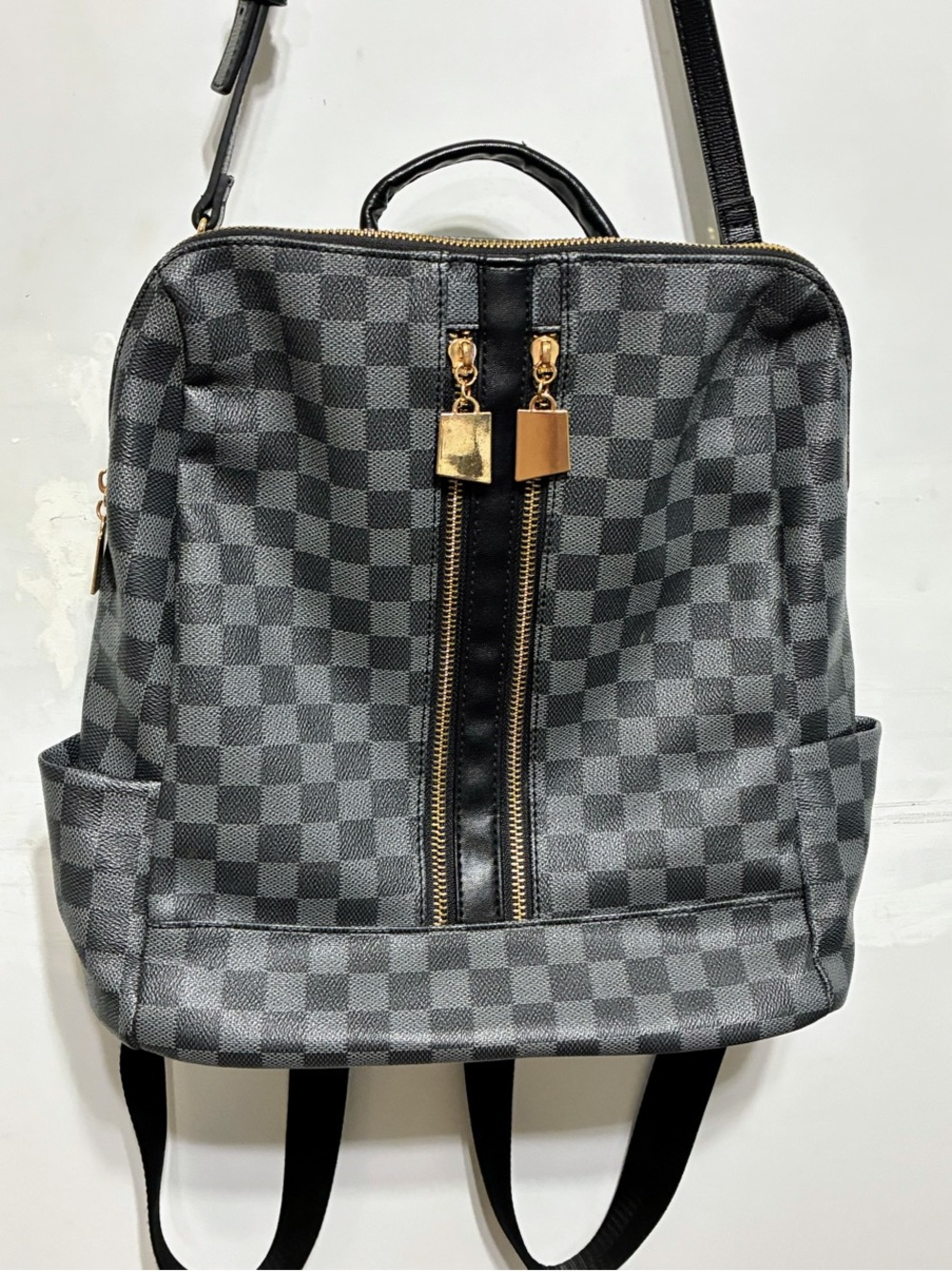Checkered black and gray Faux leather backpack purse  pockets